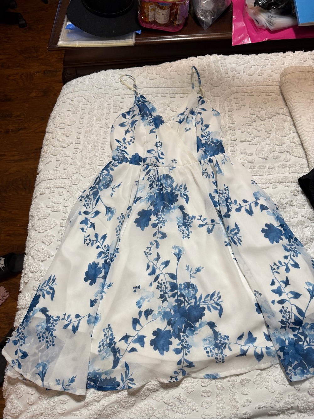 Lovely Day White Dress with Blue Floral Print, Size Small, Fit & Flare